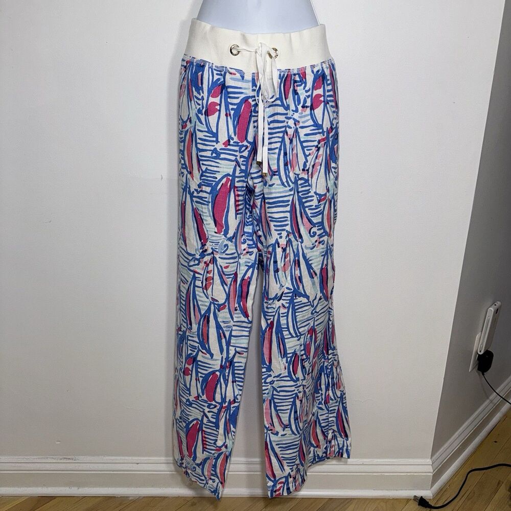 Lilly Pulitzer The Beach Pant Women XL Linen Sail Boat Wide Leg